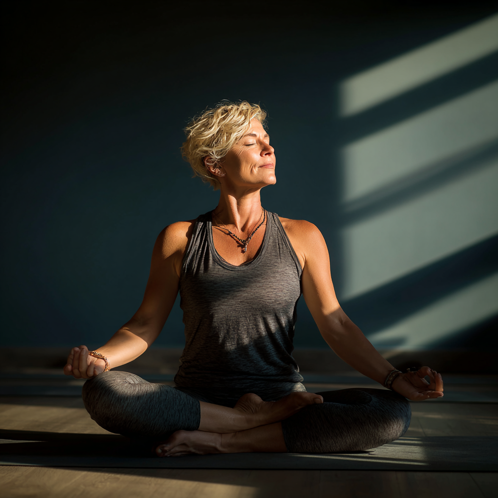 Mature adult practicing yoga poses in serene studio environment