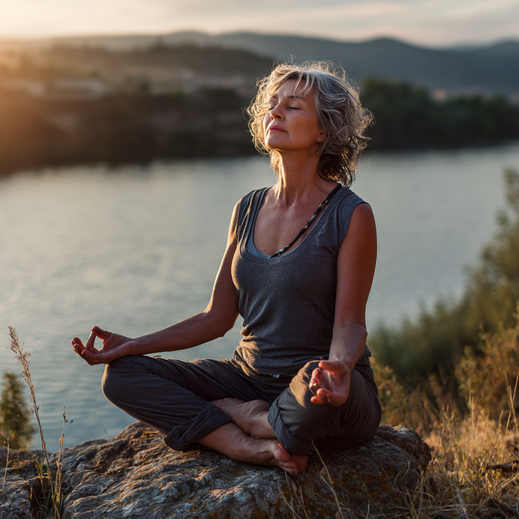 Middle-aged woman practicing yoga meditation in peaceful natural setting